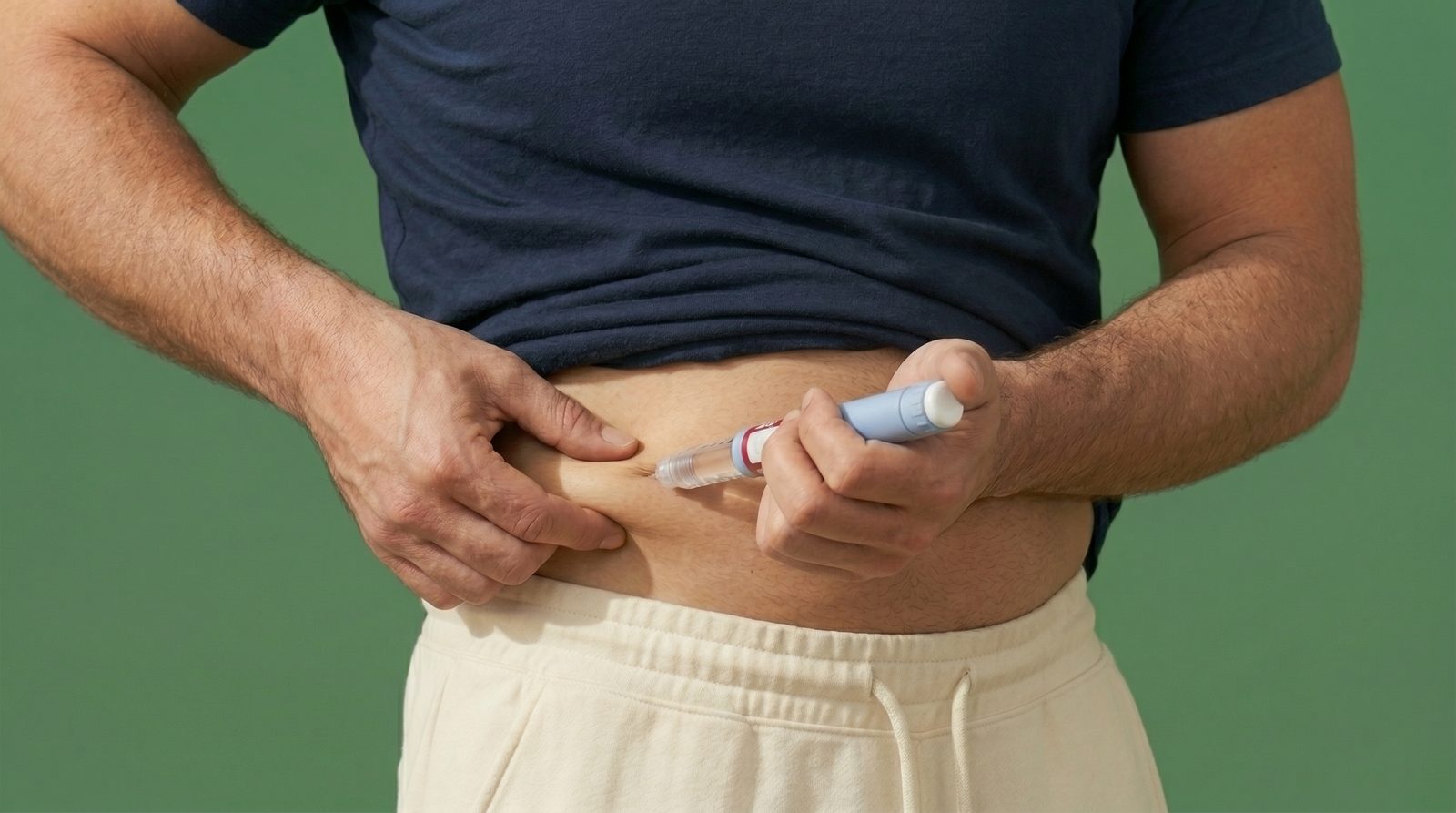 A person self-administering a GLP-1 injection — calm, dignified depiction of weight loss treatment.